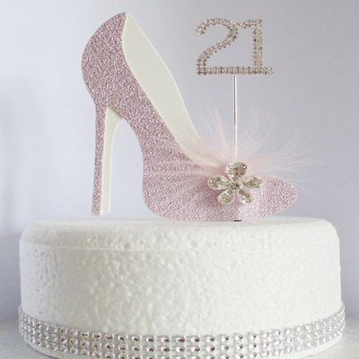 21st Pink and White Birthday Cake Decoration Shoe with Feathers and Crystal Flower Embellishments and Diamante Number Non- Edible (pink white feather 21)