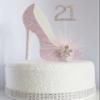 21st Pink and White Birthday Cake Decoration Shoe with Feathers and Crystal Flower Embellishments and Diamante Number Non- Edible (pink white feather 21) view 1