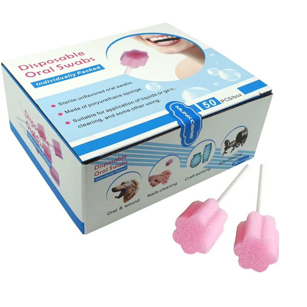 MUNKCARE Disposable Oral Swab Mouth Cleaning Sponge Swabsticks Singe-use Plum Blossom Shaped Untreated Unflavored, box of 50 counts