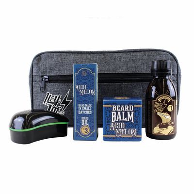 HEY JOE! Bearded Survival Kit Deluxe N 3 Acid Melon | Beard Care Set for Men High Quality [Beard Oil + Beard Balm + Beard Shampoo + Beard Brush] - Gift Toiletry Bag Included