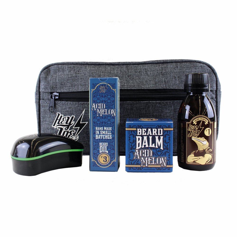 HEY JOE! Bearded Survival Kit Deluxe N 3 Acid Melon | Beard Care Set for Men High Quality [Beard Oil + Beard Balm + Beard Shampoo + Beard Brush] - Gift Toiletry Bag Included