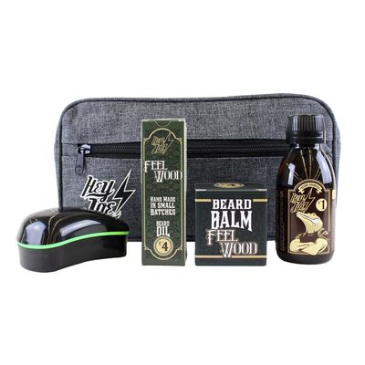 HEY JOE! Bearded Survival Kit Deluxe N 4 Feel Wood | Beard Care Set for Men High Quality [ Beard Oil + Beard Balm + Beard Shampoo + Beard Brush ] - Gift Toiletry Bag Included