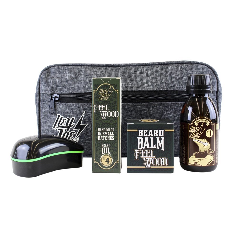 HEY JOE! Bearded Survival Kit Deluxe N 4 Feel Wood | Beard Care Set for Men High Quality [ Beard Oil + Beard Balm + Beard Shampoo + Beard Brush ] - Gift Toiletry Bag Included