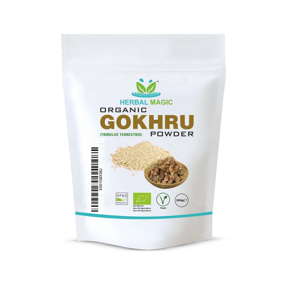 Herbal Magic's Organic Terrestris Powder/Gokhru Powder - Revered Herb in Ayurveda - Free from Fillers Artificial Colour Flavour & Preservatives of&G UK Organic Certified 200g (Pack of 1)