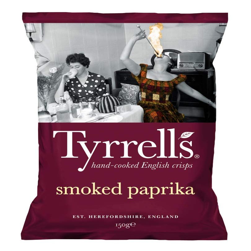 Tyrrells Multipack English Hand-Cooked Crisps, Flavoured Potato Snack, 12 x 150g Smoked Paprika