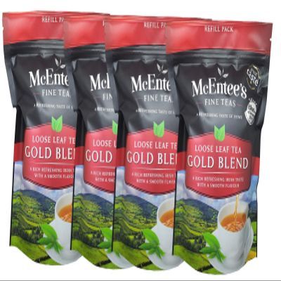 McEntee's IRISH Loose Leaf GOLD BLEND Tea. 250g X 4 BAG MULTIPACK. 400 + CUPS. AWARD WINNING, BLENDED IN IRELAND, MALTY & RICH. A Blend of Assam and Kenyan Teas.IRELANDS FAVOURITE LOOSE TEA