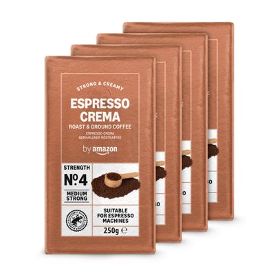 by Amazon Ground Coffee Espresso Crema, Medium Roast, 250 g, Pack of 4 - Rainforest Alliance Certified