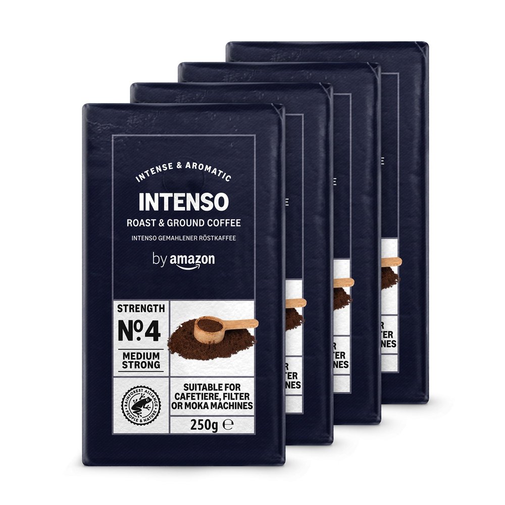 by Amazon Ground Coffee Caff Intenso, Light Roast,1kg (4 Packs of 250g) - Rainforest Alliance Certified
