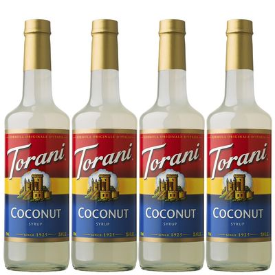 Torani Coconut Coffee Syrups (4 x 750ml) - Pure Cane Sugar Coconut Syrups for Lattes, Iced Coffee & Tropical Drinks - Exotic Taste, Vegetarian-Friendly