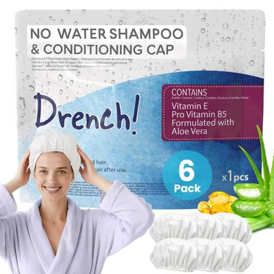 Drench No Water Shampoo Caps - Waterless Shampoo and Conditioner Hair Wash Cap - Hair Wash Caps No Water Rinse Free - Mobility Aids with Aloe Vera and Vitamins - Pack of 6