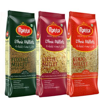Manna Mixed Millets Combo Pack of 3 (Foxtail Millet 500g Kodo Millet 500g &Little Millet 500g)