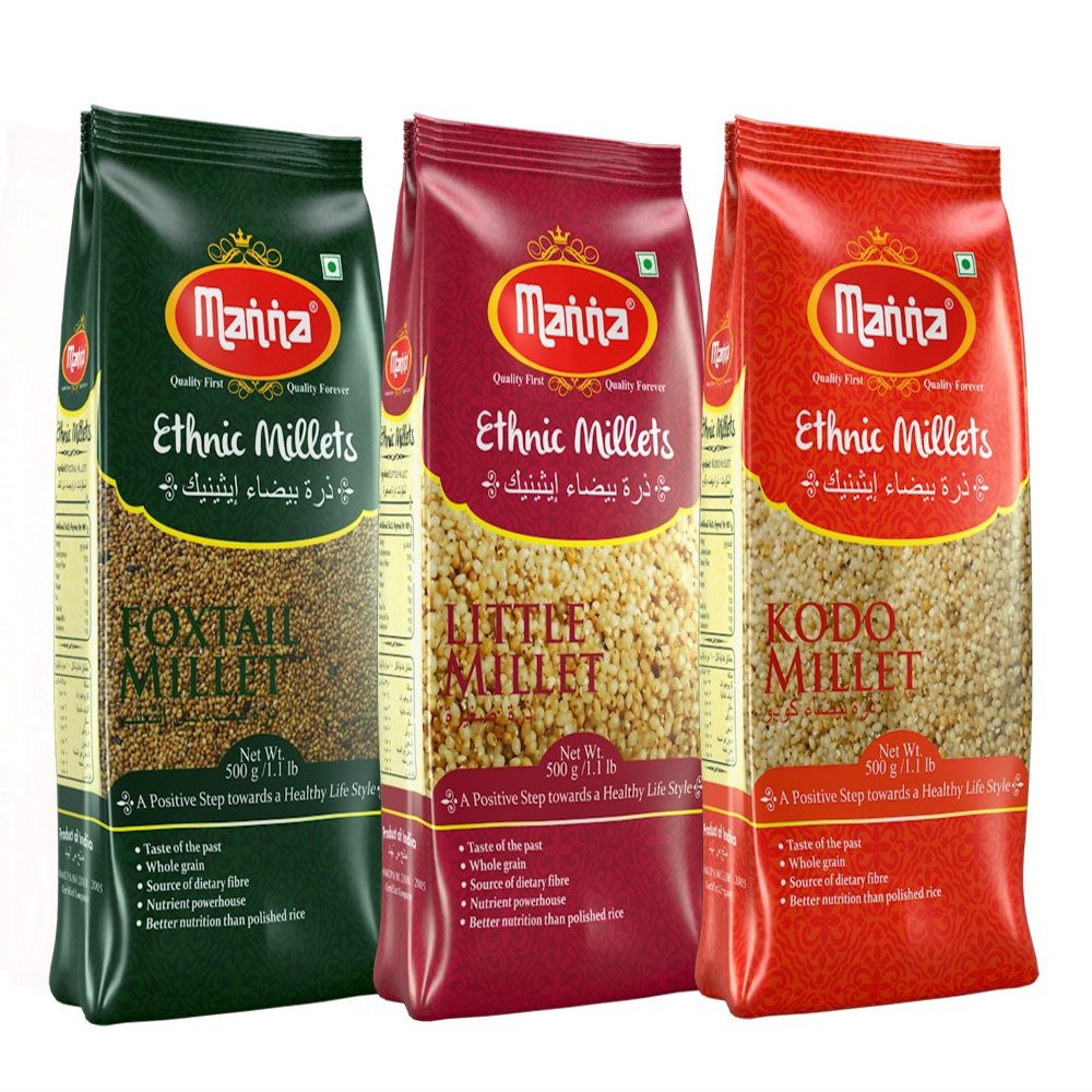Manna Mixed Millets Combo Pack of 3 (Foxtail Millet 500g Kodo Millet 500g &Little Millet 500g)