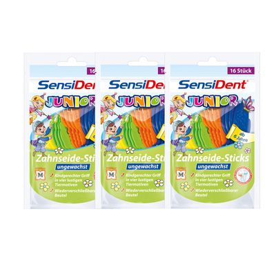 3 x SensiDent dental floss for children, sticks, unwaxed, suitable for children, 16 pieces from 6 years.