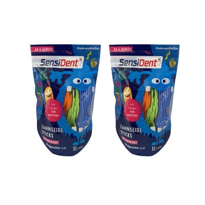 SensiDent Dental Floss for Kids, 2 Boxes of 16 Unwaxed Sticks each, Mint Flavor, Animal Shapes, Ages 6+