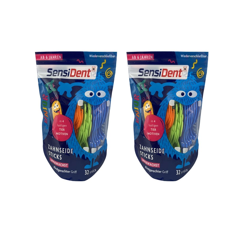 SensiDent Dental Floss for Kids, 2 Boxes of 16 Unwaxed Sticks each, Mint Flavor, Animal Shapes, Ages 6+