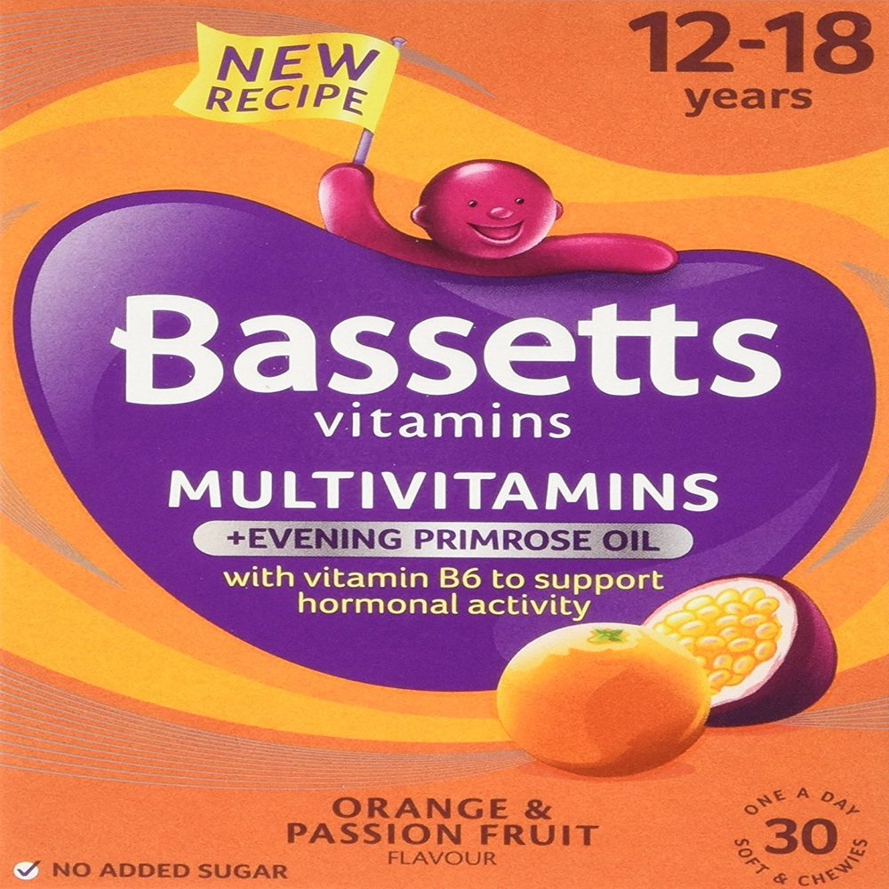 Bassetts Oil Orange and Passion Fruit Flavour 12-18 Years Evening Primrose Soft and Chewy Multivitamins - Pack of 3, Total 90