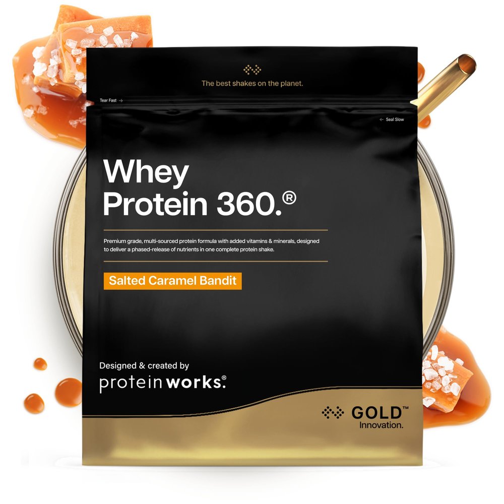 Protein Works | Whey Protein 360 - GOLD Innovation, Whey Protein Powder, Premium Tri-Protein Blend, Digestive Enzymes, 12 Vitamins & Minerals, Salted Caramel Bandit, 40 Servings, 1.2kg