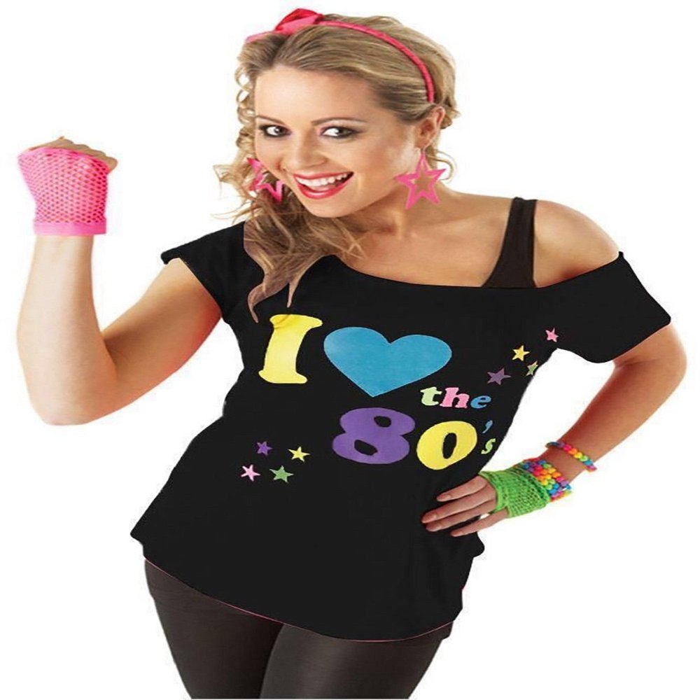 66 Fashion District Ladies Womens Adult Sexy I Love 80s Retro T-Shirt Fancy Dress Party Costume 8-26 (Black, UK 12-14 M/L)