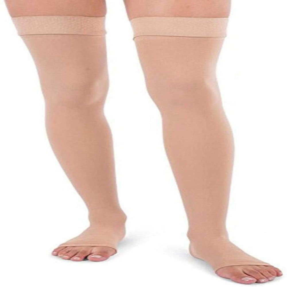 2 Pairs (4 Pieces) per package. - PEDIMEND Compression Thigh Highs Open Toe Stockings | Anti-Fatigue Slimming Compression Socks - UNISEX - (BEIGE) (Beige)
