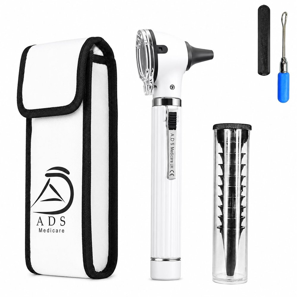 ADS Medicare Mini Otoscope ENT Optical Fibre LED Illumination Medical Tool Diagnostic Examination CE Approved with Complimentary Ear Cleaner & Spare Bulb (White)