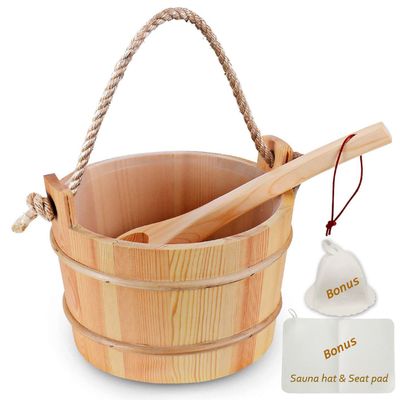 Bestnewie Finnish Pine Wood Sauna Bucket with Ladle Handmade Wooden Sauna Bucket Sauna Spa Accessory - 5 Liter (1.3 Gallon) Sauna Bucket with Felt Sauna Hat and Sauna Seat Pad