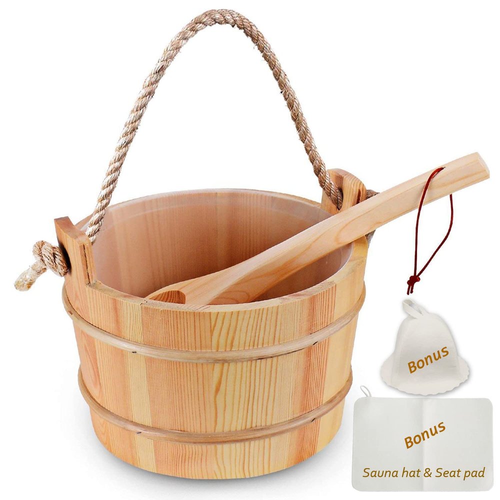 Bestnewie Finnish Pine Wood Sauna Bucket with Ladle Handmade Wooden Sauna Bucket Sauna Spa Accessory - 5 Liter (1.3 Gallon) Sauna Bucket with Felt Sauna Hat and Sauna Seat Pad