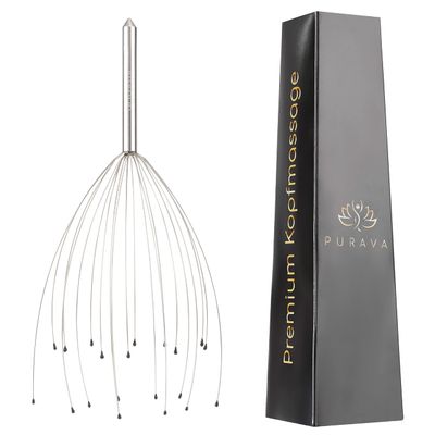 PURAVA (Original) - Premium Head Massager with Metal Handle and Improved Design - Scalp Scratcher Massage with 20 Fingers for Relaxation and Scalp Stimulation - Head Massager Tool Ideal as a Gift
