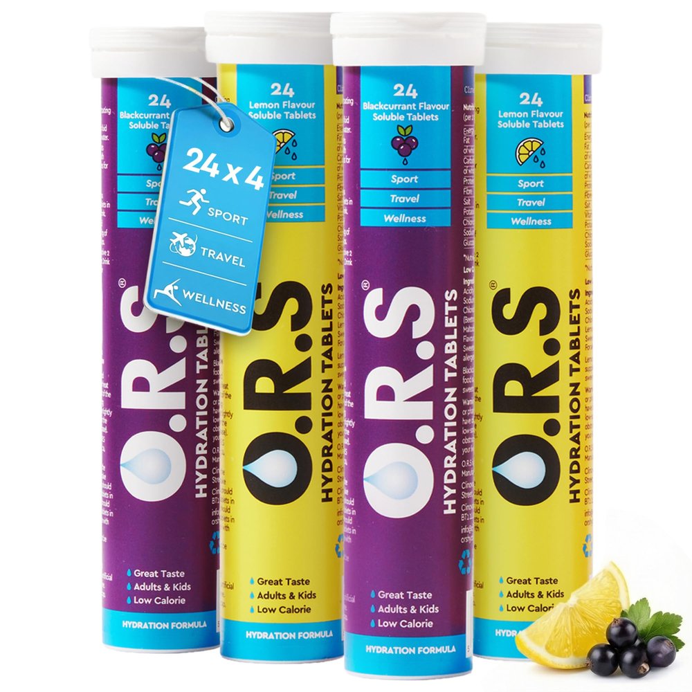 O.R.S. Hydration Tablets - 2 x 24 Tablet Tubes of Lemon, 2 x 24 Tablet Tubes of Blackcurrant - 96 Total Tablets
