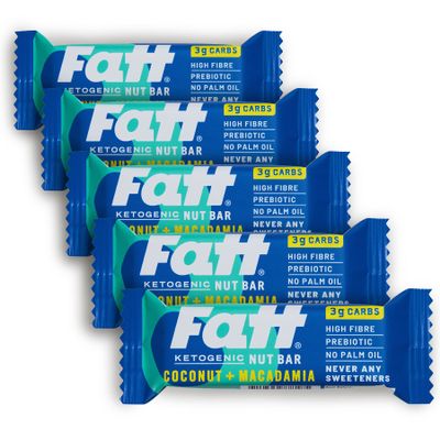 Fatt Keto Nut Bars - Coconut & Macadamia, 5-Pack - 3g Carbs - 100% Natural Low-Carb Clean Keto Snack Bar with Super Fats - High Fibre, Low Sugar, Sweetener Free & Vegan - Aka Fattbar
