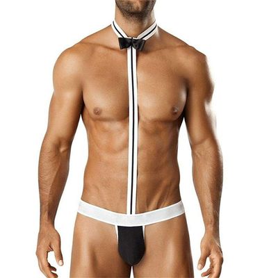 Acizi Men's Sexy Collared Bow Tie Bodysuit Thong Butler Teddy Costume Underwear (Black)
