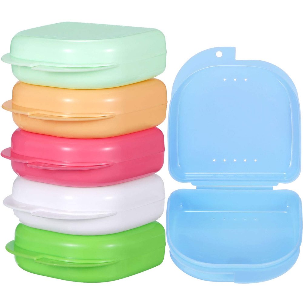 Gejoy 6 Pcs Slim Retainer Cases with Holes Portable Denture Box Colourful Slim Cute Orthodontic Dental Case Small Lockable Travel Mouthguard Box for False Teeth, Bleaching Trays, Dental Appliances