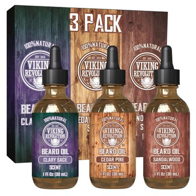 Viking Revolution - Beard Oil - All Natural With Argan & Jojoba Oils - Sandalwood, Cedar Pine, Clary Sage - Softens, Smooths & Strengthens - Gifts For Men - Valentines Gifts for Him - 3 x 30 ml