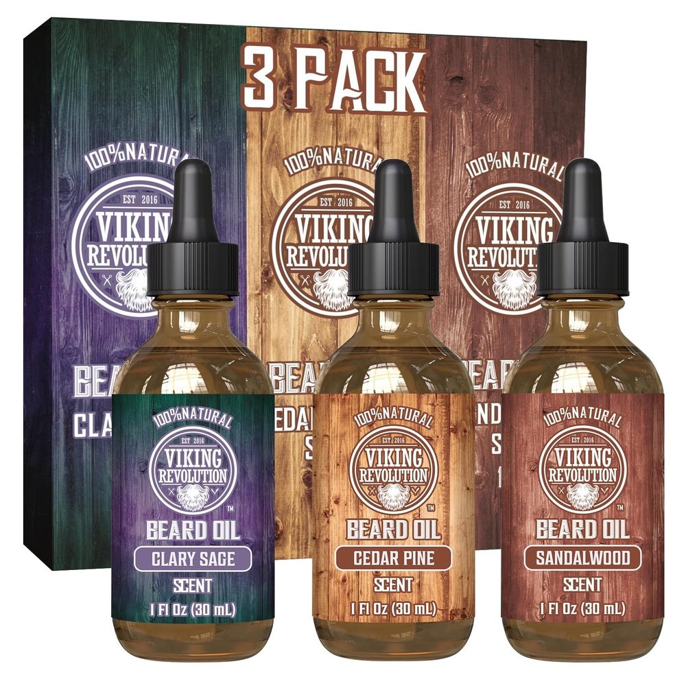 Viking Revolution - Beard Oil - All Natural With Argan & Jojoba Oils - Sandalwood, Cedar Pine, Clary Sage - Softens, Smooths & Strengthens - Gifts For Men - Valentines Gifts for Him - 3 x 30 ml