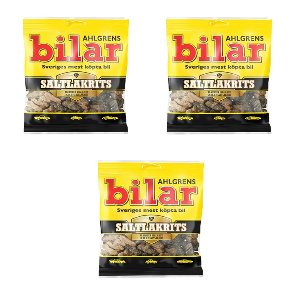 Ahlgrens Bilar Saltlakrits - Original Swedish Soft and Chewy Salty Liquorice Salmiak Marshmallow Cars Candies Sweets Bag 100g x 3 pcs