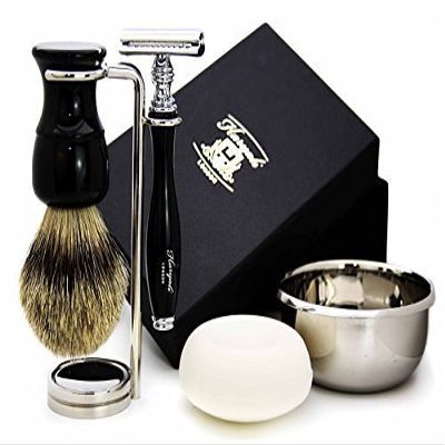 Classic Five Piece Shaving Set in Midnight Black Color Silver Tip Badger Shaving Brush, Double Double Edge Safety Razor Stand  Stainless Steel Bowl and Soap  Gift for Him