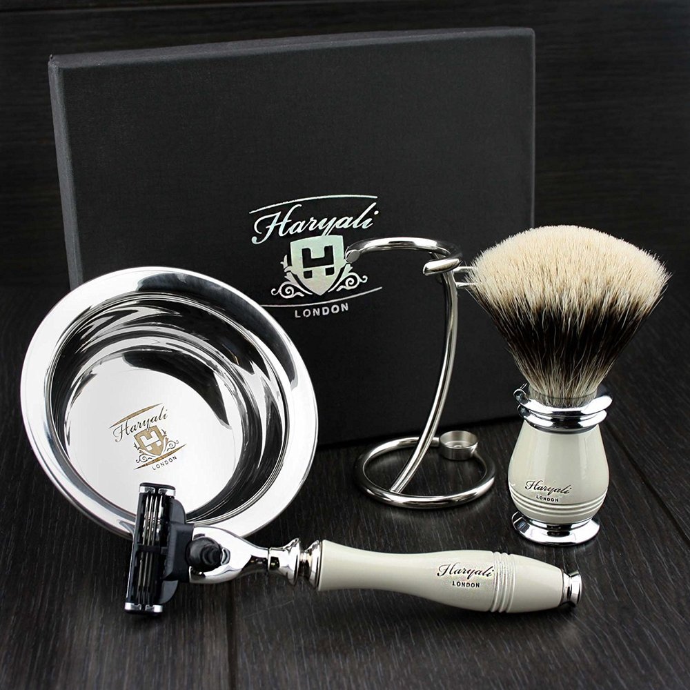 4 Pieces Shaving Set with Silver Tip Badger Brush 3 Edge Razor Dual End Stand and Stainless Steel Shaving Bowl