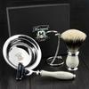 4 Pieces Shaving Set with Silver Tip Badger Brush 3 Edge Razor Dual End Stand and Stainless Steel Shaving Bowl view 1