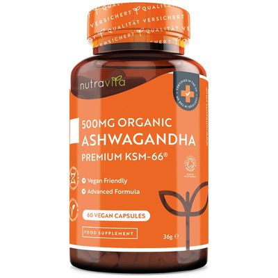 Nutravita Organic Ashwagandha KSM-66 with 5% Withanolides - Vegan Friendly with The Highest Concentration Most Bioavailable Full-Spectrum Root Powder for Immune Support - Made in The UK