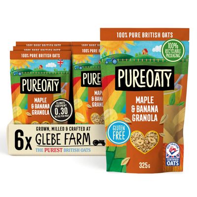 Glebe Farm Gluten Free PureOaty Maple & Banana Oat Granola 6PK, Healthy Wholegrain Oats To Help Lower Cholesterol, 100% British Oats, Vegan & High In Fibre, Delicious Granola Cereal, 6x 325g