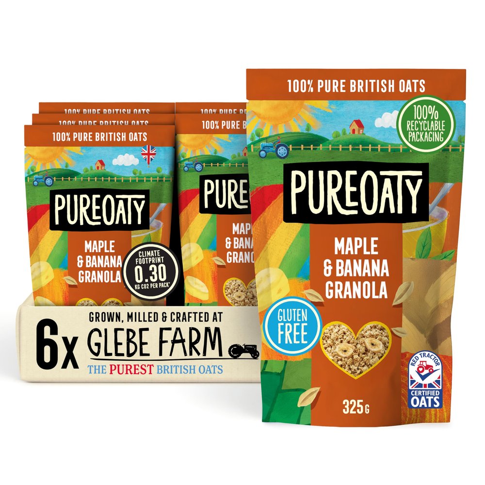 Glebe Farm Gluten Free PureOaty Maple & Banana Oat Granola 6PK, Healthy Wholegrain Oats To Help Lower Cholesterol, 100% British Oats, Vegan & High In Fibre, Delicious Granola Cereal, 6x 325g