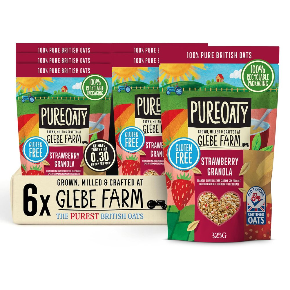 Glebe Farm Gluten Free PureOaty Strawberry Oat Granola 6PK, Healthy Wholegrain Oats To Help Lower Cholesterol, 100% British Oats, Vegan & High In Fibre, Delicious Granola Cereal, 6x 325g