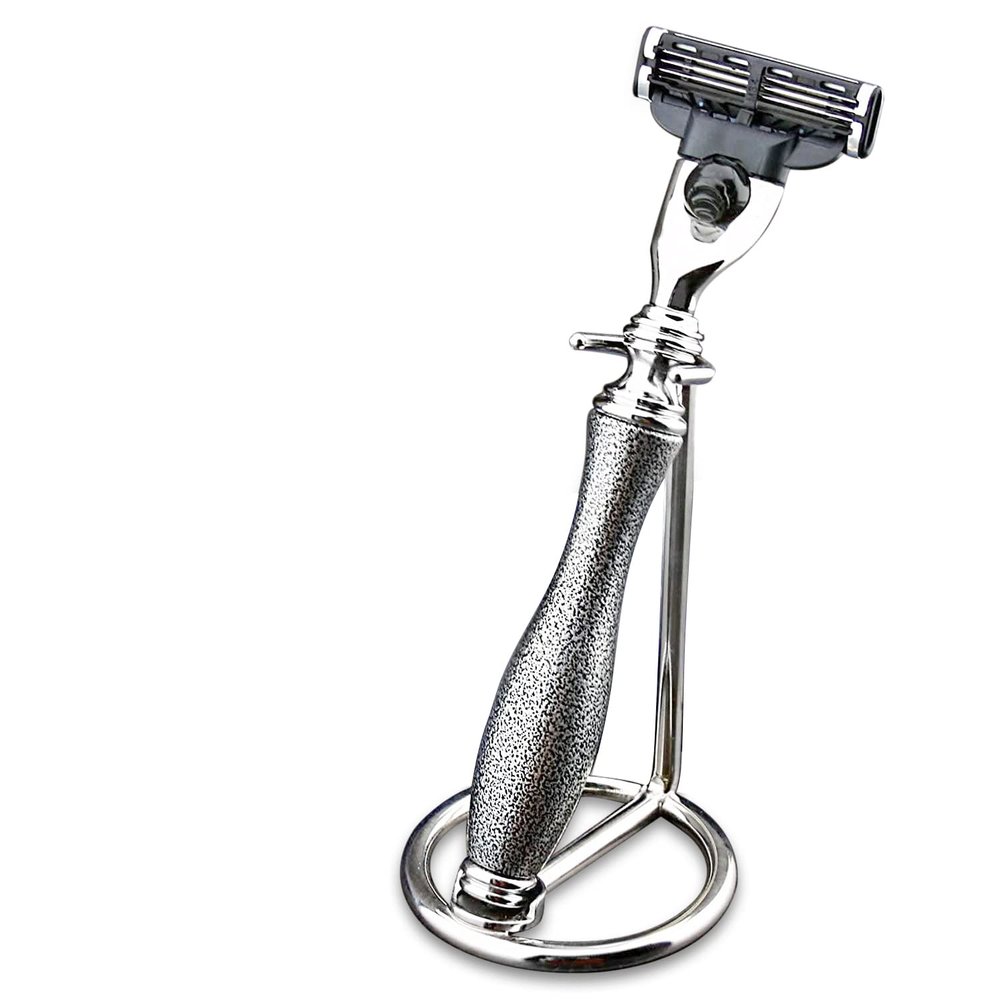 Haryali London Antique silver 3 edge razor on handle and razor stand