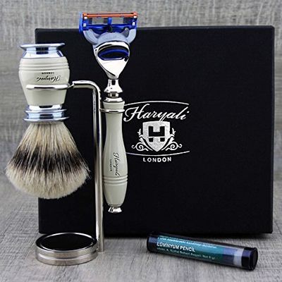 3 piece shaving set for men in ivory colour - fusion razor, silver tip shaving brush & stainless steel stand for razor and brush - ideal as a gift for any razor lover.