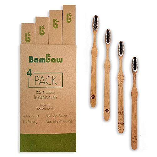 Bambaw Bamboo Toothbrush | Medium Charcoal Infused Bristles | Eco Friendly | 4 Pack
