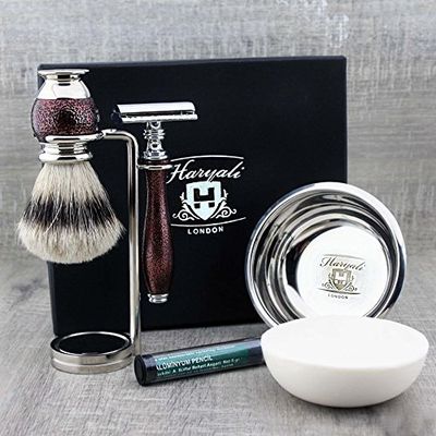 5-Piece Premium Selection Shaving Set for Men with Silver Tip Shaving Brush & De Safety Razor + Double Stand for Steel Shaving Bowl & Haryali London Premium Soap