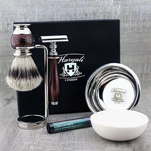 5-Piece Premium Selection Shaving Set for Men with Silver Tip Shaving Brush & De Safety Razor + Double Stand for Steel Shaving Bowl & Haryali London Premium Soap
