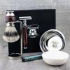 5-Piece Premium Selection Shaving Set for Men with Silver Tip Shaving Brush & De Safety Razor + Double Stand for Steel Shaving Bowl & Haryali London Premium Soap view 1