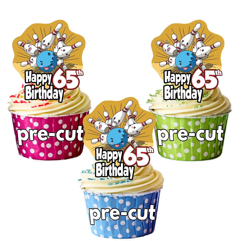 AK Giftshop PRECUT Ten Pin Bowling - 65th Birthday - Edible Cupcake Toppers/Cake Decorations (Pack of 12)