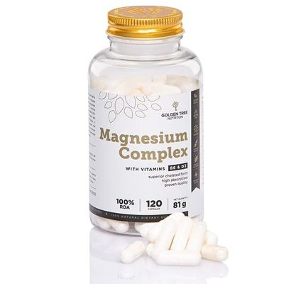 Golden Tree Magnesium Complex  Triple Complex with Magnesium Citrate, Bisglycinate & Malate  High Strength 400 mg with Vitamin D3 & B6  120 Capsules