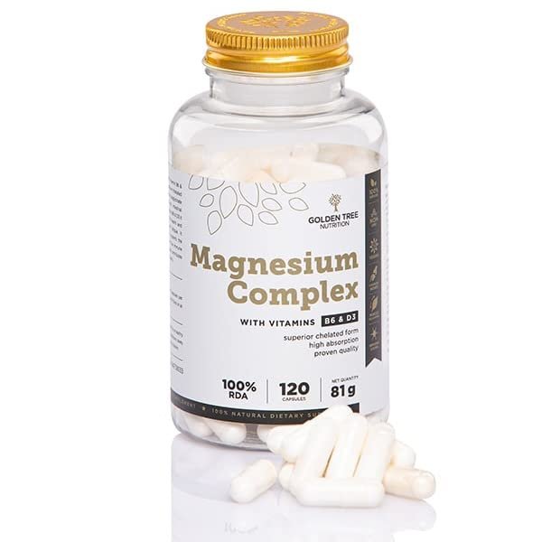 Golden Tree Magnesium Complex  Triple Complex with Magnesium Citrate, Bisglycinate & Malate  High Strength 400 mg with Vitamin D3 & B6  120 Capsules